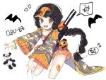  1girl black_hair blush bow character_name chinese_clothes collarbone doodle fangs girls_frontline gun hair_bow halloween headband highres long_braid long_hair looking_at_viewer ofuda open_mouth panda pumpkin qbu-88_(girls_frontline) rifle_on_back simple_background solo stuffed_animal stuffed_toy urim_(paintur) weapon white_background yellow_eyes 