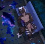  anthro bench blue_markings blue_stripes brown_body brown_fur canid cheek_tuft claws corzh77 facial_tuft featureless_crotch fur hair hi_res looking_at_viewer lying male mammal markings neck_tuft nude on_back on_bench outside plant purple_eyes short_hair shrub solo striped_legs stripes tan_body tan_fur tuft white_claws white_hair white_markings white_stripes 