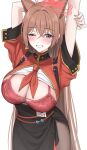  1girl amyu_(amm_asl_pa) animal_ears arm_up black_pantyhose black_skirt blue_archive blush bra breasts brown_hair cleavage cowboy_shot extra_ears grin hair_between_eyes halo highres jacket large_breasts long_hair pantyhose purple_eyes red_bra red_halo red_jacket rumi_(blue_archive) short_sleeves simple_background skirt smile solo underwear white_background 