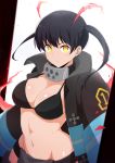  1girl bangs bikini black_bikini black_coat black_hair breasts bright_pupils cleavage closed_mouth coat collar en&#039;en_no_shouboutai fire highres large_breasts long_hair long_sleeves looking_at_viewer navel open_clothes open_coat serious solo stomach strap_gap swimsuit tamaki_kotatsu twintails upper_body v-shaped_eyebrows white_background xiaodi yellow_eyes 