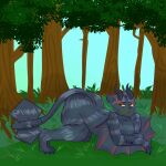  2024 absurd_res anthro bent_legs black_body black_fur black_horn blue_eyes capcom claws clubbed_tail crossed_arms diablos_(mh) digital_drawing_(artwork) digital_media_(artwork) flying_wyvern forest forest_background fur hi_res horn hybrid lucien_(kaithedumbass02) lying male markings monster_hunter nargacuga nature nature_background on_front plant red_body red_fur red_markings shaded silverwind_nargacuga solo solo_focus stinkybuns1 tail tree weapon_tail white_body white_fur winged_arms wings 