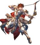  1boy alternate_costume armor armored_boots arrow boots bow_(weapon) brown_hair cape fingerless_gloves fire_emblem fire_emblem:_genealogy_of_the_holy_war fire_emblem:_thracia_776 fire_emblem_heroes full_body gloves highres hino_shinnosuke leif_(fire_emblem) male_focus official_art orange_eyes quiver solo teeth transparent_background weapon 