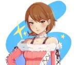  1girl bare_shoulders blush brown_eyes brown_hair choker closed_mouth collarbone commentary earrings fur-trimmed_sweater fur_trim heart heart_choker jewelry long_sleeves looking_at_viewer mallows off-shoulder_sweater off_shoulder official_alternate_costume persona persona_3 persona_3_reload pink_sweater ribbed_sweater short_hair smile solo sparkle star_(symbol) stud_earrings sweater takeba_yukari upper_body white_choker 