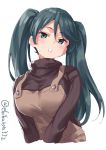  1girl bangs blue_hair breast_press breasts brown_sweater casual ebifurya eyebrows_visible_through_hair green_eyes hair_between_eyes highres isuzu_(kantai_collection) kantai_collection large_breasts long_hair looking_at_viewer open_mouth pink_lips solo sweater swept_bangs turtleneck turtleneck_sweater twintails upper_body v_arms white_background 