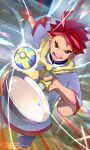  1boy absurdres buttons commentary_request crispin_(pokemon) frying_pan gloves highres holding holding_frying_pan jacket male_focus neckerchief open_mouth p_0_a partially_fingerless_gloves poke_ball pokemon pokemon_sv quick_ball red_gloves red_hair red_pupils short_hair shorts single_glove solo standing teeth white_jacket yellow_eyes yellow_neckerchief 