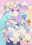  1girl absurdres blue_hair blush bow-shaped_hair breasts crop_top dessert food glasses haru_(haruxxe) hat highres holding holding_food holding_ice_cream ice_cream ice_cream_cone ice_cream_float iono_(pokemon) long_hair long_sleeves looking_at_viewer midriff multicolored_hair pants pichu pikachu pink_eyes pink_hair pokemon pokemon_sv shirt spoon two-tone_hair 