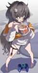  1girl barefoot black_hair bottle chopsticks controller cup_ramen eating food game_controller goddess_of_victory:_nikke green_eyes highres holding holding_chopsticks jacket long_hair micro_shorts multicolored_clothes multicolored_jacket narutomaki_hair_ornament noodles orange_jacket shorts solo syope thigh_strap trony_(nikke) two-tone_jacket white_jacket white_shorts 