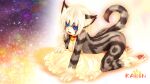  1girl all_fours animal_ear_fluff animal_ears animal_feet animal_hands animal_nose arched_back bell black_fur blue_eyes blush breasts cat_ears cat_girl cat_tail character_name claws collar commentary_request completely_nude fang frilled_pillow frills from_side full_body furry furry_female grey_fur hair_between_eyes happy jingle_bell karin_(tashiro_yuu) legs looking_at_viewer multicolored_fur neck_bell nude open_mouth original pawpads pillow short_hair sidelocks small_breasts smile soles solo star_(sky) striped_fur tail tail_raised tashiro_yuu toes whiskers white_fur white_hair 