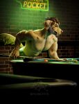  3d_(artwork) abs anthro arm_hair ashtray athletic bar billiard_table bird_dog blender_cycles body_hair canid canine canis chaps chaps_only chest_hair cigar clothing cue_stick digital_media_(artwork) domestic_dog furniture hi_res hunting_dog leather leather_clothing male mammal mickey_the_retriever muscular muscular_anthro muscular_male neon_sign pecs retriever sign smoke solo table yabalbes 