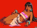  1girl bare_shoulders barefoot bed_sheet black_hair blunt_bangs bracelet breasts brown_eyes chel_(the_road_to_el_dorado) closed_mouth crop_top dark-skinned_female dark_skin earrings english_commentary feet full_body jewelry lips loincloth long_hair looking_at_viewer lying mayan_clothes navel on_bed on_side pelvic_curtain pink_tube_top pixel_art smile solo strapless the_road_to_el_dorado thick_thighs thighs thisislux toes tube_top two-tone_tube_top white_loincloth 