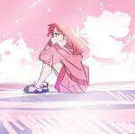  1girl bocchi_the_rock! cloud commentary_request from_side full_body hand_on_own_face hands_up highres jacket kerorira kita_ikuyo knees_up long_hair long_sleeves outdoors pink_hair pink_jacket pink_shorts pink_sky pink_theme profile shoes shorts sitting sky sneakers solo wind 