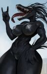  2024 anthro areola black_body breasts equid equine female genitals hi_res horse horse_venom johnfoxart mammal marvel navel nipples nude open_mouth open_smile pussy smile solo symbiote tongue tongue_out venom_(marvel) 