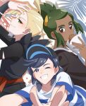  3boys arm_up black_hair black_hat black_shirt blonde_hair closed_mouth commentary_request dark-skinned_male dark_skin ear_piercing eating elio_(pokemon) fanny_pack food gladion_(pokemon) green_eyes green_hair grey_eyes grin hat hau_(pokemon) highres holding hood hooded_vest hoodie malasada male_focus mocacoffee_1001 multiple_boys one_eye_closed piercing pokemon pokemon_sm shirt short_hair short_sleeves signature smile striped_clothes striped_shirt swept_bangs teeth torn_clothes torn_shirt vest 
