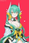  1girl aqua_hair aqua_kimono bikini blush bow breasts cleavage detached_collar dragon_girl dragon_horns fate/grand_order fate_(series) frilled_bikini frills hair_bow heart highres horns japanese_clothes kimono kiyohime_(fate) kiyohime_(swimsuit_lancer)_(fate) kiyohime_(swimsuit_lancer)_(first_ascension)_(fate) long_hair looking_at_viewer low_twintails marony_chan medium_breasts multiple_horns red_background simple_background smile solo swimsuit twintails yellow_bikini yellow_bow yellow_eyes 