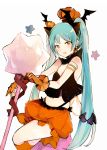  1girl :d aqua_hair bangs bare_shoulders black_camisole black_wings blush brown_eyes bubble_skirt camisole eyebrows_visible_through_hair fang gloves halloween hatsune_miku head_wings kneehighs long_hair looking_at_viewer lpip navel open_mouth orange_gloves orange_legwear orange_skirt pumpkin simple_background skirt smile solo star twintails very_long_hair vocaloid white_background wings 