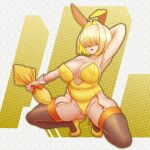  1girl alternate_costume animal_ears arm_up armpits ass_visible_through_thighs blonde_hair breasts cleavage covered_eyes covered_navel elegg_(nikke) falcon_(burbdoodles) garter_straps goddess_of_victory:_nikke hair_intakes high_heels highres huge_breasts long_bangs looking_at_viewer playboy_bunny plump purple_eyes rabbit_ears smile solo squatting thighhighs 