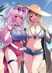  2girls ambriel_(arknights) ambriel_(holiday)_(arknights) animal_ear_fluff animal_ears arknights bikini blackheart braid breasts casual_one-piece_swimsuit cleavage denim_shirt energy_wings eyewear_on_head food food_in_mouth hair_ornament halo hat heart heart-shaped_eyewear highres infection_monitor_(arknights) jewelry large_breasts long_hair looking_at_viewer multicolor-tinted_eyewear multiple_girls navel necklace official_alternate_costume one-piece_swimsuit pink-framed_eyewear pink_hair pocky pocky_in_mouth purple_eyes red_one-piece_swimsuit shirt shorts sleeveless sleeveless_shirt striped_bikini striped_clothes sun_hat sunglasses swimsuit tail tied_shirt utage_(arknights) utage_(summer_flowers)_(arknights) v vertical-striped_bikini vertical-striped_clothes very_long_hair white_shirt 