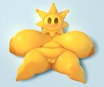  absurd_res animate_inanimate areola big_breasts blush breasts dibujosv12 female genitals hi_res huge_breasts humanoid looking_at_viewer lying mario_bros nintendo nipples not_furry nude on_back pussy shine_sprite slightly_chubby solo super_mario_sunshine yellow_areola yellow_body yellow_nipples 