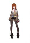  1girl absurdres bangs belt black_legwear black_shorts boots bottle breasts brown_hair closed_eyes collar collared_shirt dr_pepper dxy envelope frown full_body highres holding holding_bottle holding_envelope jacket legwear_under_shorts long_hair long_sleeves looking_at_viewer makise_kurisu necktie pantyhose pixel_art purple_eyes red_neckwear shirt shorts simple_background soda solo standing steins;gate white_background 