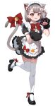 1girl ;d animal_ear_fluff animal_ear_legwear animal_ears animal_hands apron black_dress black_footwear breasts cat_ear_legwear cat_ears cat_girl cat_tail chobi_(penguin_paradise) dress extra_ears fang full_body gloves grey_hair highres large_breasts maid maid_apron maid_headdress multicolored_hair neneko_mashiro one_eye_closed one_side_up open_mouth paw_gloves red_hair short_hair simple_background smile solo standing standing_on_one_leg stellive streaked_hair tail thighhighs two-tone_hair virtual_youtuber white_apron white_background white_thighhighs 