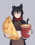  1girl :3 armor black_fur black_hair body_fur cat_girl cat_tail closed_mouth cup disposable_cup dungeon_meshi fang food grey_background highres holding holding_food izutsumi leather_armor looking_at_viewer meowmei mismatched_animal_ear_colors pastry photo-referenced red_scarf scarf short_hair simple_background solo tail white_fur yellow_eyes 