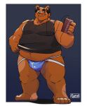  2024 absurd_res anthro bear belly big_belly brown_body brown_fur clothing electronics fur headphones hi_res jockstrap kemono male mammal overweight overweight_male realiron_(artist) shirt simple_background solo topwear underwear 