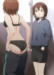  2girls ass black_bra black_panties blush bra breasts brown_eyes brown_hair dressing eyebrows_visible_through_hair from_behind funami_yui gym_uniform highres kamiki_uutarou minamino_tsubasa multiple_girls open_mouth panties pants shiny shiny_hair short_hair shorts small_breasts standing sweat track_pants track_suit underwear window yuri yuru_yuri 