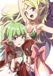  2girls :d absurdres ahoge armpits bare_shoulders blonde_hair brown_gloves cape dress fire_emblem fire_emblem_awakening gloves green_hair highres long_hair looking_at_viewer mother_and_daughter multiple_girls nah_(fire_emblem) nowi_(fire_emblem) open_mouth pointy_ears purple_eyes red_cape smile to_(tototo_tk) very_long_hair white_dress 