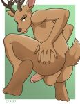  abstract_background anthro antlers anus balls beastars brown_body brown_eyes crouching deer enlightenedcat feet foreskin genitals glans hand_on_butt hand_on_own_butt hi_res horn looking_at_viewer louis_(beastars) male mammal nude penis perineum scut_tail short_tail solo tail tail_anus 