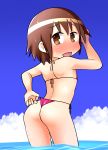  1girl absurdres adjusting_clothes adjusting_swimsuit ass bikini blush breasts brown_eyes brown_hair chiden cloud embarrassed eyebrows_visible_through_hair highres kill_me_baby looking_at_viewer looking_back micro_bikini ocean open_mouth oribe_yasuna outdoors pink_bikini shiny shiny_hair shiny_skin short_hair shoulder_blades sky small_breasts smile solo standing sweat swimsuit swimwear wet wet_hair 
