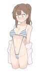  1girl absurdres armpit_crease bikini blush braid breasts brown_eyes brown_hair closed_mouth collarbone commentary cropped_legs embarrassed groin highres kotobuki_hisako large_breasts long_hair looking_ahead navel nose_blush ponytail s10021 seitokai_nimo_anawa_aru! simple_background single_sidelock slingshot_swimsuit solo standing striped_bikini striped_clothes sweat swimsuit v-shaped_eyebrows white_background 