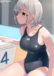  1girl aqua_eyes bob_cut breasts competition_swimsuit jonsun large_breasts looking_up one-piece_swimsuit original short_hair sitting solo swimsuit twitter_username white_hair 