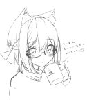  1girl absurdres animal_ear_fluff animal_ears bangs blush braid cat_ears cropped_torso cup eyebrows_visible_through_hair glasses greyscale hair_between_eyes hair_ribbon highres holding holding_cup mayogii monochrome mug original parted_lips ribbon semi-rimless_eyewear shirt simple_background solo translated turtleneck under-rim_eyewear upper_body white_background 