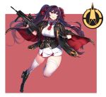  1girl assault_rifle asymmetrical_gloves black_cape black_footwear black_gloves boots breasts bullpup cape cosplay double-breasted fingerless_gloves girls_frontline gloves gun half_gloves hie_(hiememiko) hiememiko highres large_breasts long_hair purple_eyes purple_hair qbz-97_(girls_frontline) qbz-97_(girls_frontline)_(cosplay) red_ribbon ribbon rifle shirt thighhighs twintails underbust very_long_hair weapon white_legwear white_shirt 