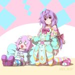  1girl bed bow braid character_doll crown495 hair_bow highres kneeling long_hair looking_at_viewer neptune_(neptune_series) neptune_(series) purple_eyes purple_hair pururut single_braid slippers smile solo striped striped_legwear thighhighs very_long_hair 