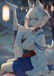  1girl absurdres animal_ears arm_up azur_lane bangs between_fingers blue_eyes blue_skirt blush breasts cleavage closed_mouth cloud commentary_request elbow_gloves fox_ears fox_girl fox_mask fox_tail from_side gloves highres holding japanese_clothes kaga_(azur_lane) kimono long_sleeves looking_at_another looking_at_viewer mask mask_on_head night night_sky outdoors paper_airplane ru_zhai short_sleeves sitting skirt sky solo tail white_hair white_kimono wide_sleeves 