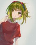  1girl absurdres collarbone commentary finger_to_cheek goggles goggles_on_head green_eyes green_hair grey_background gumi highres index_finger_raised leaning_to_the_side light_blush note55885 red_goggles red_shirt shirt short_sleeves sidelocks smile solo vocaloid 