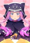  +_+ 1girl animal_ears animal_hood black_cloak black_gloves blurry blurry_foreground blush bouhouji cloak collar commentary_request depth_of_field fake_animal_ears fate/grand_order fate_(series) food food_on_face gloves heart heart_background highres holding holding_food hood hood_up hooded_cloak long_hair medusa_(lancer)_(fate) parted_lips pink_background purple_eyes purple_hair red_collar rider sidelocks solo sparkle very_long_hair 