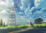  2girls age_difference backpack bag blue_sky cloud cloudy_sky commentary day facing_away from_behind grass holding_hands long_hair mocha_(cotton) multiple_girls original outdoors parent_and_child plain power_lines road scenery signature sky sunlight transmission_tower tree very_wide_shot white_coat 