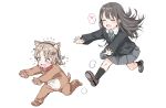  2girls :d @_@ animal_costume animal_ear_fluff animal_ears black_hair black_hairband black_jacket black_legwear blush brown_eyes brown_footwear brown_hair chasing closed_eyes collared_shirt diagonal-striped_neckwear diagonal_stripes dog_costume dog_ears dog_girl dog_tail fake_animal_ears flying_sweatdrops gomennasai green_neckwear grey_skirt hairband heart idolmaster idolmaster_cinderella_girls jacket kneehighs loafers long_hair long_sleeves morikubo_nono multiple_girls necktie open_mouth outstretched_arms pleated_skirt puffy_long_sleeves puffy_sleeves shibuya_rin shirt shoe_soles shoes simple_background skirt smile spoken_heart striped striped_neckwear tail teardrop very_long_hair white_background white_shirt 