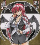  1girl bat_wings breasts cleavage commentary_request demon_tail head_wings koakuma large_breasts marker_(medium) pencil_skirt red_eyes red_hair scan shikishi skirt slender_waist smile solo tail touhou traditional_media unbuttoned unbuttoned_shirt vest wings yagami_(mukage) 