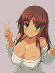  1girl alice_gear_aegis bangs bare_shoulders blush breasts brown_hair cleavage closed_mouth collarbone dark_skin edobox green_eyes grey_background grey_sweater kaneshiya_sitara large_breasts long_hair long_sleeves looking_at_viewer off-shoulder_sweater off_shoulder simple_background smile solo sweater v 