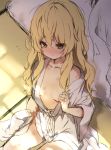  1girl bangs bare_shoulders blanket blonde_hair blush brown_eyes collarbone commentary_request eyebrows_visible_through_hair futon hair_between_eyes hickey indoors kirisame_marisa long_hair long_sleeves no_hat no_headwear nose_blush off_shoulder piyokichi robe sitting solo tatami thighs touhou white_robe wide_sleeves 