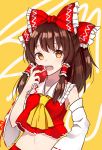  1girl apple ascot bad_apple!! bare_shoulders bow brown_hair commentary_request crop_top crop_top_overhang detached_sleeves food frilled_bow frilled_shirt_collar frills fruit goyain hair_bow hair_tubes hakurei_reimu hand_up highres holding holding_food holding_fruit long_hair long_sleeves looking_at_viewer midriff navel open_mouth orange_eyes red_bow red_shirt shirt solo stomach touhou upper_body wide_sleeves 