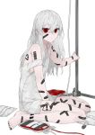  ! 1girl absurdres ahoge albino bags_under_eyes bandaid bandaid_on_arm bandaid_on_cheek bandaid_on_face bandaid_on_foot bandaid_on_knee bandaid_on_leg barcode barcode_tattoo barefoot black_nails blank_stare blood blood_bag closed_mouth collarbone commentary_request denki_ryu dress empty_eyes expressionless eyebrows_visible_through_hair eyes_visible_through_hair from_side full_body hair_between_eyes highres intravenous_drip long_hair looking_at_viewer looking_to_the_side messy_hair original pale_skin recycling_symbol red_eyes short_dress sign simple_background sitting solo strap_slip tattoo toenail_polish toenails too_many too_many_bandaids tsurime wariza warning_sign white_background white_dress white_hair 