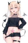 1girl :d bare_shoulders black_ribbon black_shirt black_shorts blonde_hair blue_eyes blush breasts commentary_request covered_collarbone crop_top demon_girl demon_tail demon_wings detached_wings fangs groin hair_ribbon hand_on_hip highres kanju long_hair long_sleeves looking_at_viewer mole mole_under_eye navel off-shoulder_shirt off_shoulder open_clothes open_fly open_mouth open_shorts original panties pink_panties pointy_ears pubic_tattoo pulled_by_self ribbon see-through shirt short_shorts shorts shorts_pull side-tie_panties simple_background sleeves_past_wrists small_breasts smile solo succubus tail tattoo thigh_gap two_side_up underwear very_long_hair white_background wings 