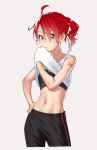  1girl ahoge anco8pizz bangs bare_shoulders character_name commentary contrapposto cowboy_shot drill_hair expressionless hand_on_hip highres holding_shirt kasane_teto light_blush looking_at_viewer midriff navel pants red_eyes red_hair short_hair shoulder_tattoo simple_background solo sports_bra stomach sweat tank_top tattoo track_pants twin_drills utau white_tank_top wiping_mouth 