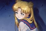  1girl artist_name bangs bishoujo_senshi_sailor_moon blonde_hair blue_eyes blue_sailor_collar commentary crying crying_with_eyes_open derivative_work dirty double_bun earrings hair_over_shoulder jewelry kaze-hime long_hair looking_to_the_side parted_bangs parted_lips sad sailor_collar screencap_redraw solo stud_earrings tears torn_clothes tsukino_usagi twintails upper_body 