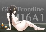  1girl alcohol arm_support ass back bed_sheet bottle braid breasts brown_hair character_name commentary_request copyright_name cup drinking_glass eyepatch feet full_body girls_frontline glass_bottle grey_background hand_on_thigh ice ice_cube jack_daniel&#039;s kjm3111 korean_commentary legs long_hair lying m16a1_(girls_frontline) nipples nude on_side parted_lips solo table toes whiskey 