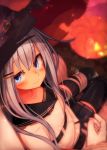  1girl bandaged_leg bandages bangs black_legwear blue_eyes blush commentary eyebrows_visible_through_hair gloves hair_ornament hairclip halloween hat hibiki_(kantai_collection) highres jack-o&#039;-lantern kantai_collection long_hair long_sleeves out_of_frame pleated_skirt pumpkin reitou_mikan school_uniform serafuku silver_hair sitting skirt smile thighhighs torn_clothes torn_hat verniy_(kantai_collection) white_gloves witch_hat 